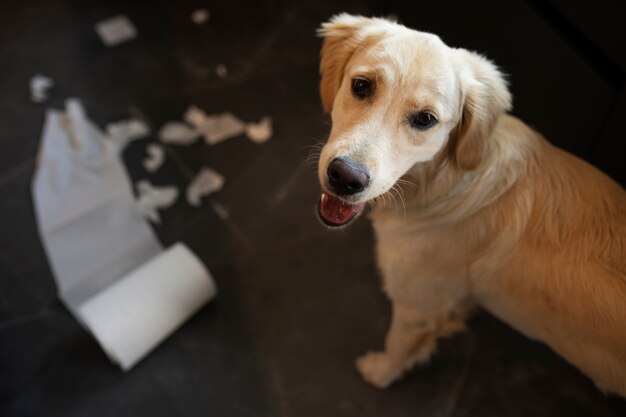 High angle dog making a mess inside