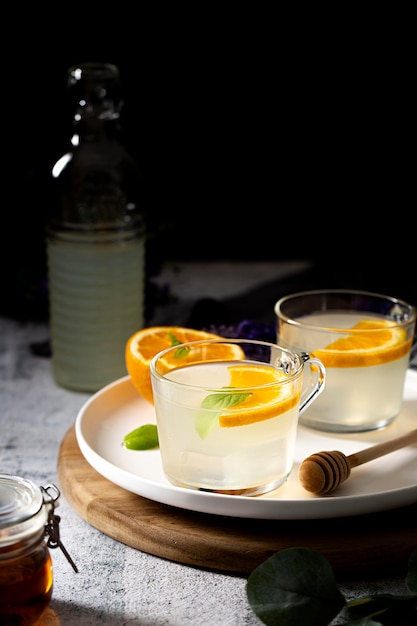 High angle drinks with orange slices