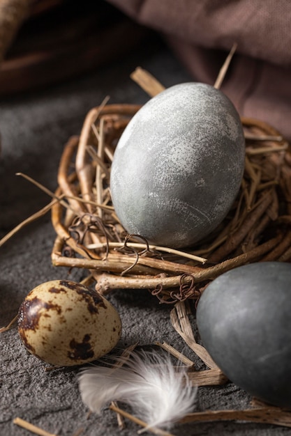 Free photo high angle of easter eggs in nest made of twigs