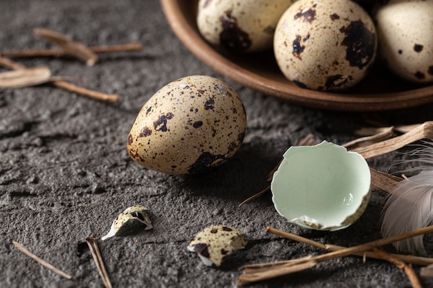 High angle of easter eggs with broken shells