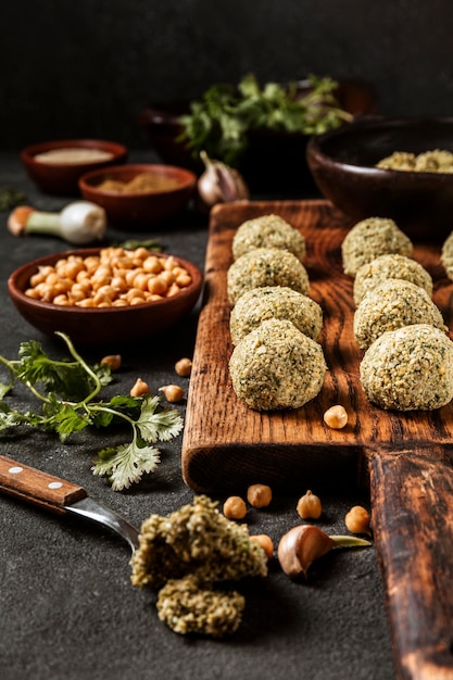 High angle falafel and chickpeas composition