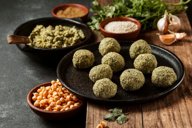 High angle falafel and chickpeas