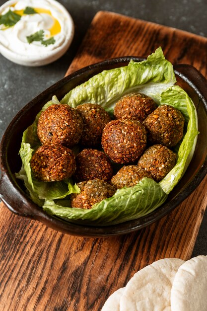 High angle falafel and pita bread