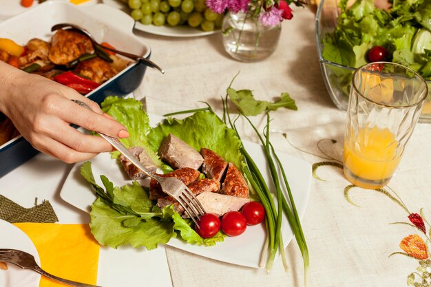 High angle of family dinner table with dishes