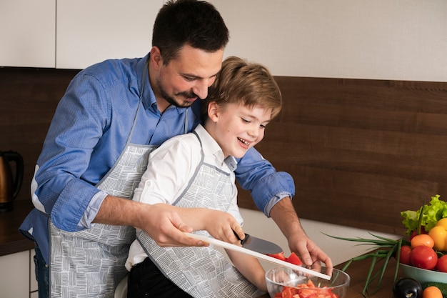 High angle family time in kitchen