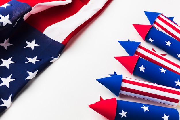 High angle of fireworks for independence day with stars and american flag