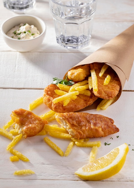 Free photo high angle of fish and chips in paper cone with lemon slice