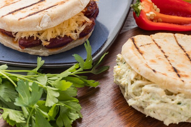 High angle food on wooden table