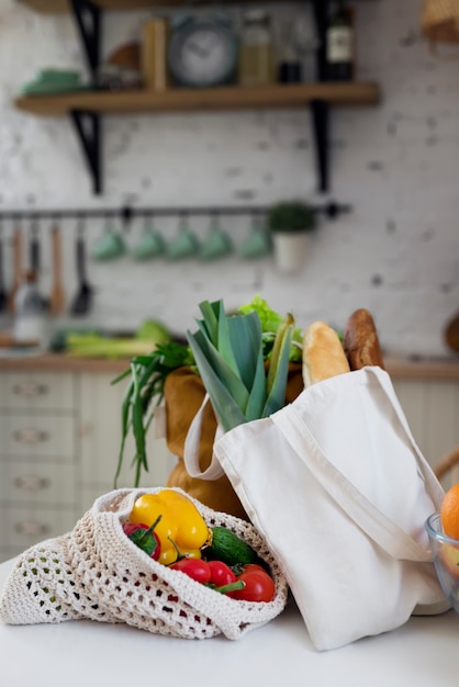 High angle fresh groceries on table