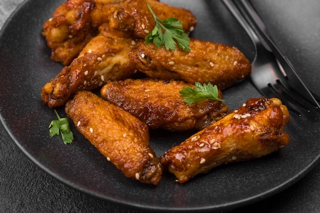 Free Photo high angle of fried chicken parts on plate with cutlery