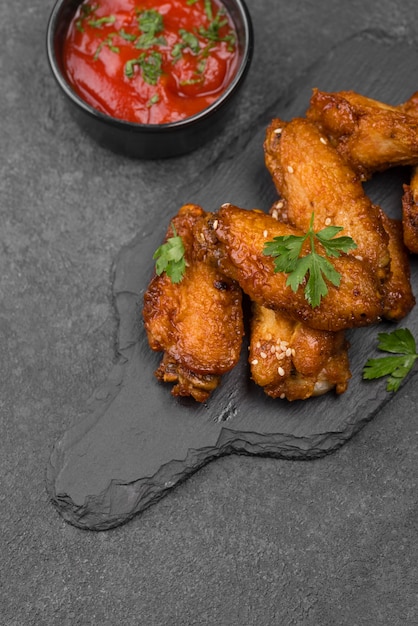 Free Photo high angle of fried chicken on slate with sauce