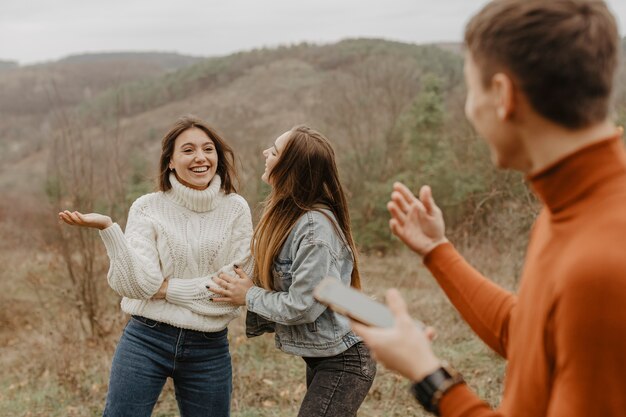 High angle friends having fun on trip