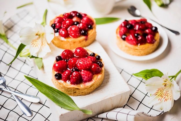 High angle fruity cakes decoration