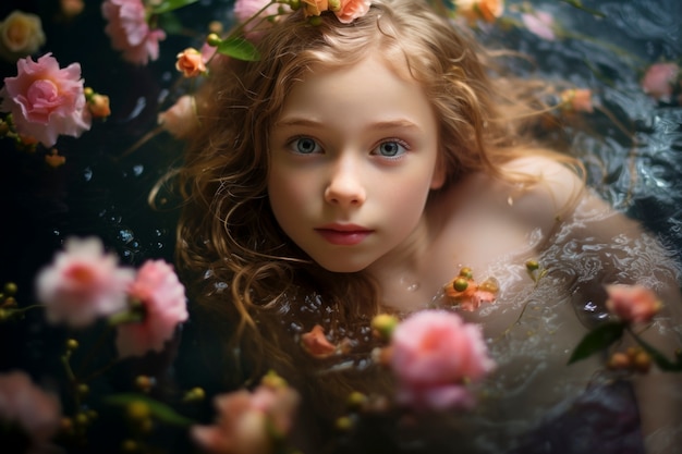 High angle girl posing with beautiful flowers