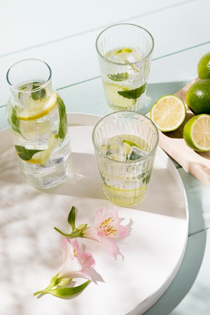 High angle glass with lime drink