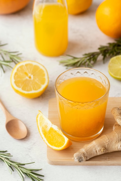 High angle glass with orange juice