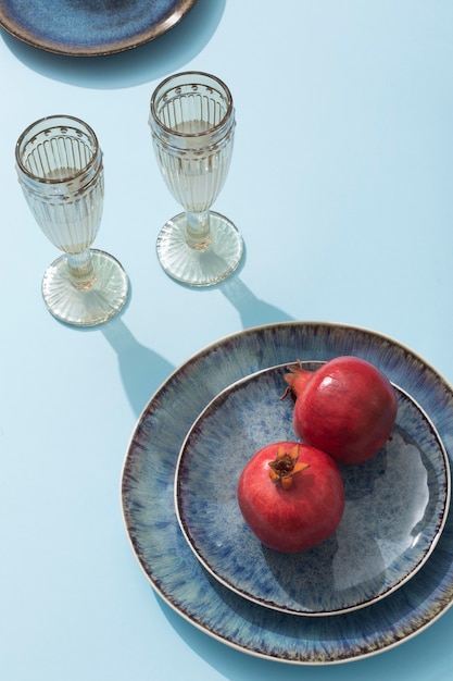 High angle glasses and pomegranate