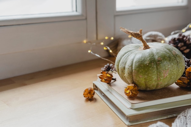 High angle green pumpkin and decor