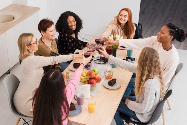 Free photo high angle group of women making a toast