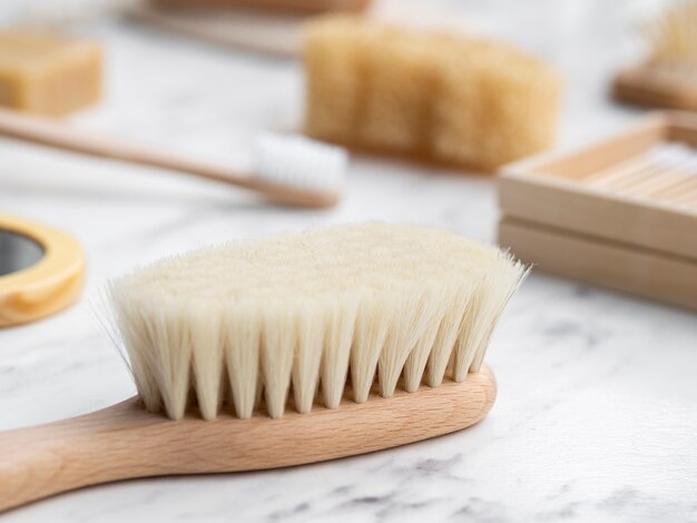 High angle hair brush on marble table