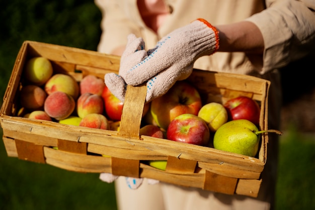 Free photo high angle hand holding basket