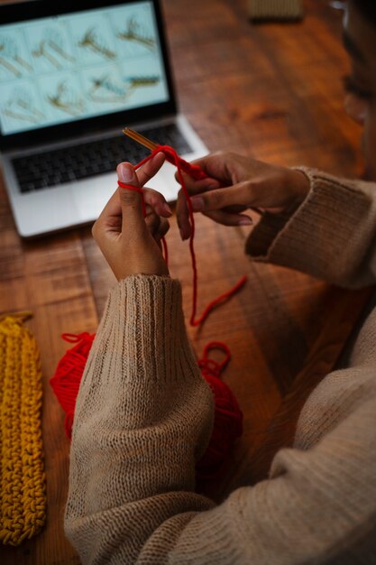 High angle hands knitting at home