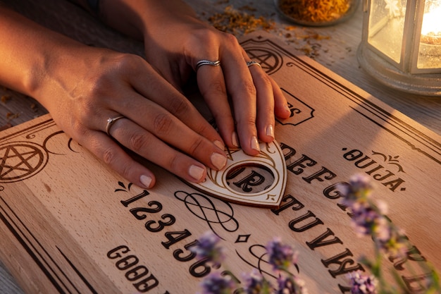 Free photo high angle hands using ouija board