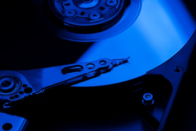 Free photo high angle hard disk with blue light