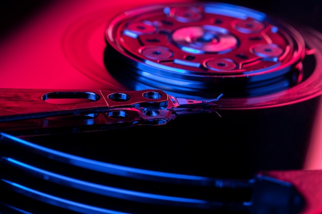 Free photo high angle hard drive in red light