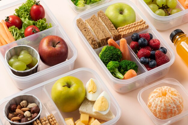 High angle healthy food lunch boxes assortment