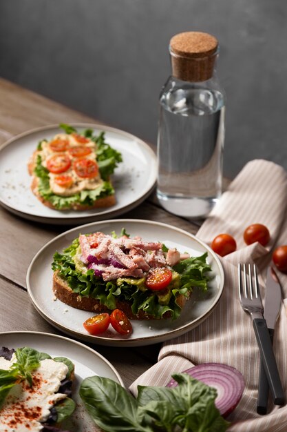 High angle healthy sandwiches with lettuce