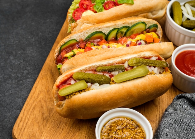 Free Photo high angle hot dogs on wooden board