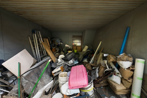 High angle house interior with clutter