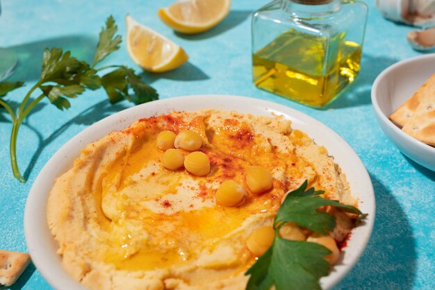 High angle hummus and chickpeas arrangement