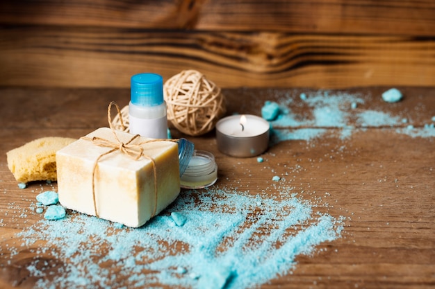 High angle hygiene products with wooden background