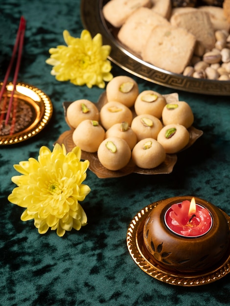 High angle indian dessert assortment