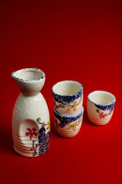 High angle japanese cups and bottle