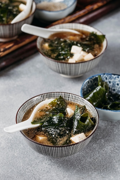 High angle japanese food in bowls arrangement