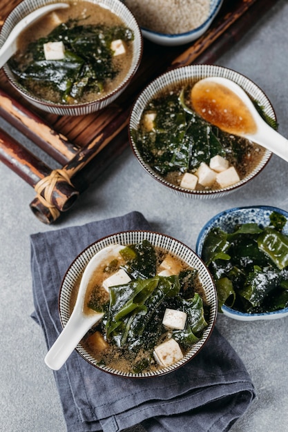 Free Photo high angle japanese food in bowls arrangement