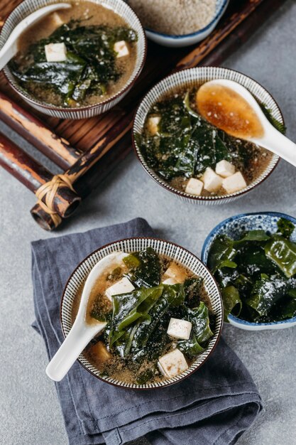 High angle japanese food in bowls arrangement