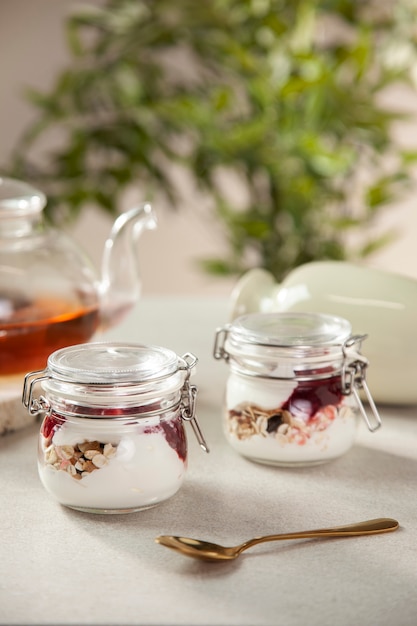 High angle jars with tasty dessert