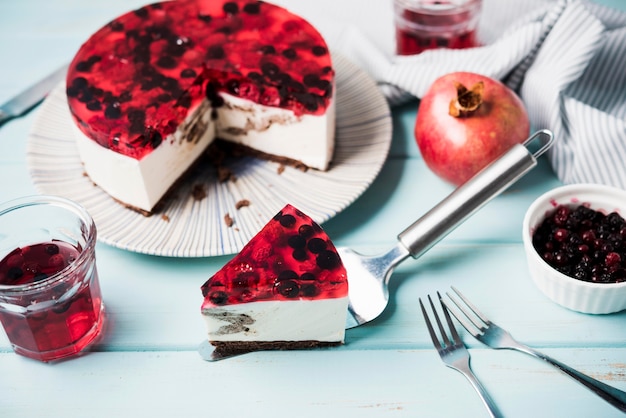 High angle jelly cake on wooden background