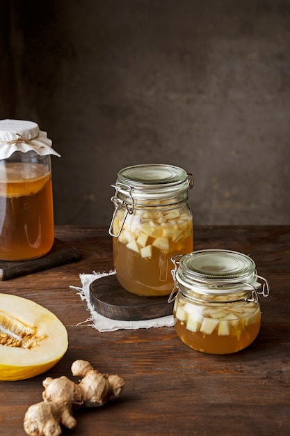 Free photo high angle kombucha jars arrangement