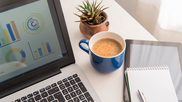 Free photo high angle laptop and coffee arrangement