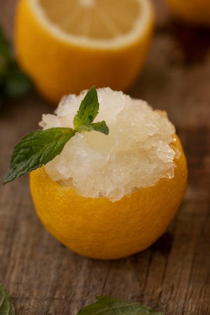 High angle lemon granita dessert with mint