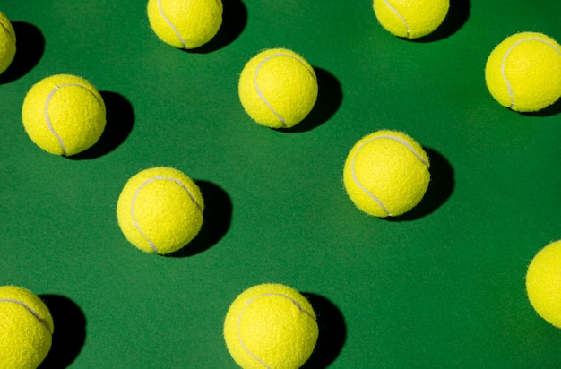 High angle of lots of tennis balls