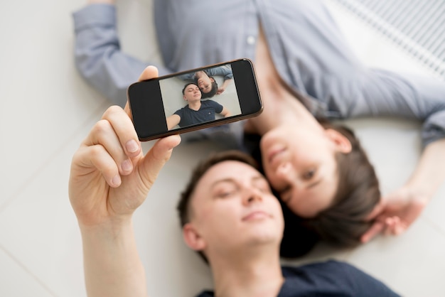 High angle of lovely couple at home