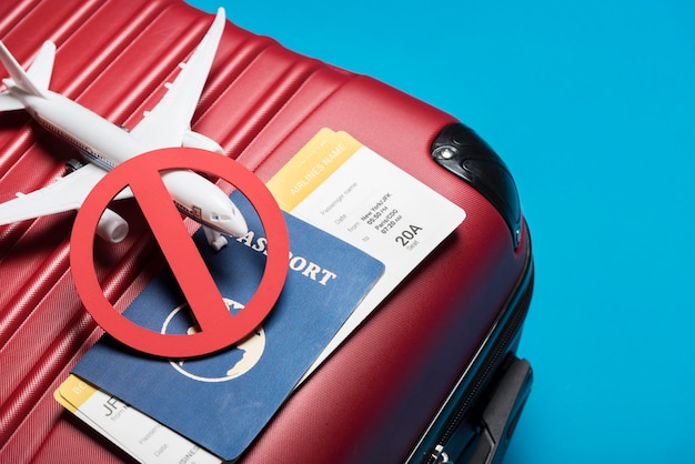 High angle luggage on blue background