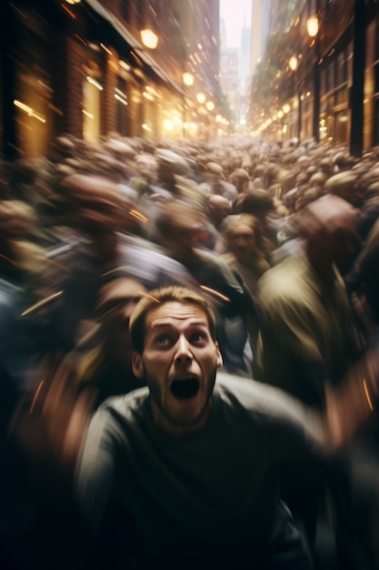 Free photo high angle man experiencing anxiety in a crowd