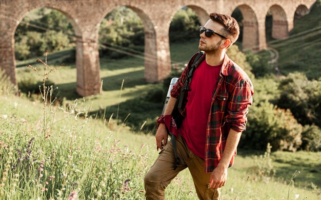 High angle man exploring nature